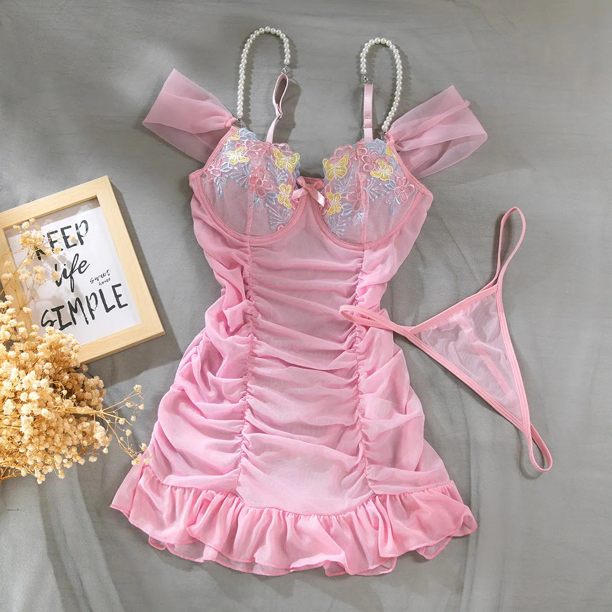 Sexy Ultral-Thin Short Skirt Underwear Set Wholesale Mesh See-Through Pearl Straps Lingerie