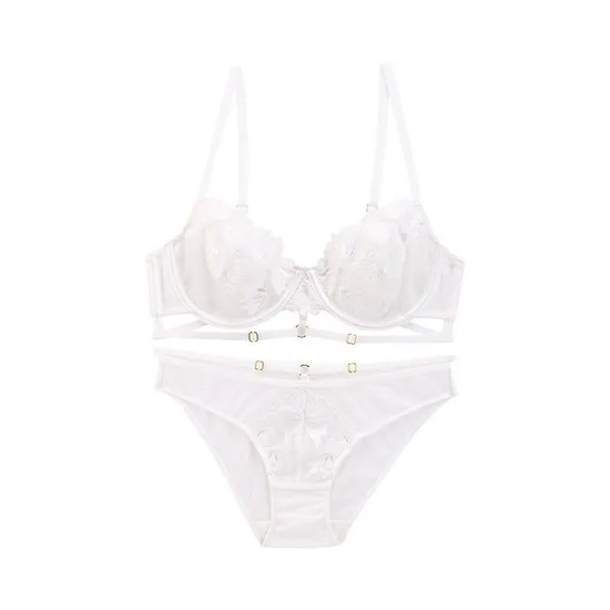 New Style French Romantic for Women Soft Embroidery Lace Trim Sexy Breathable Ultra-Thin Bra Underwear Set Lingerie