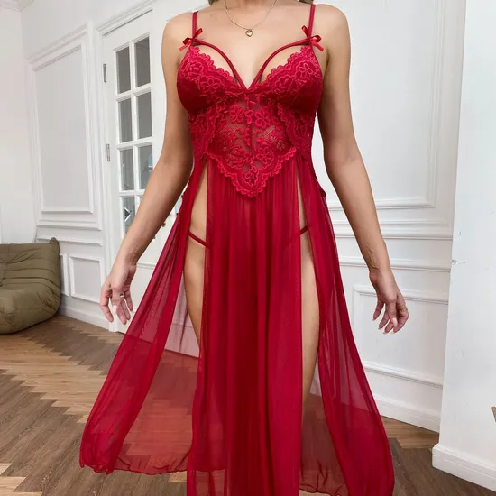 Sexy See Through Mesh Long Lingerie Women Sleepwear Hot V-Neck Embroidered Lace Nightwear