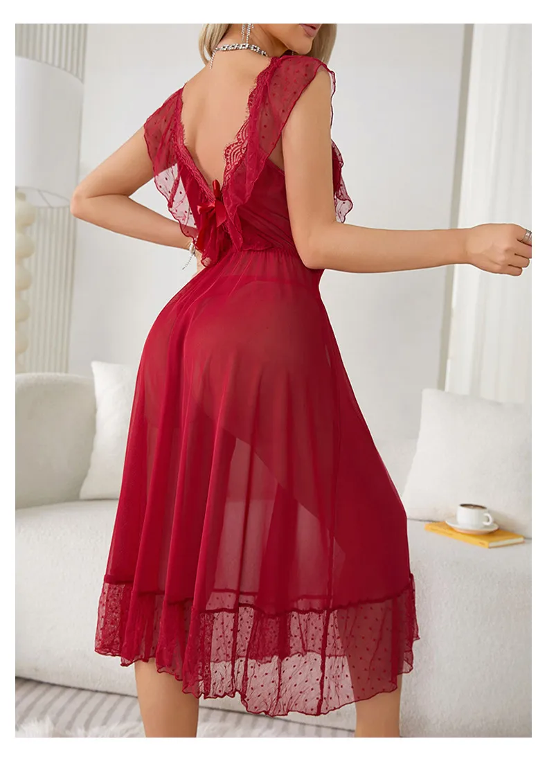 Sexy Polka DOT Suspender Mesh Skirt Sleepwear New Woman Lace Lingerie Nightwear