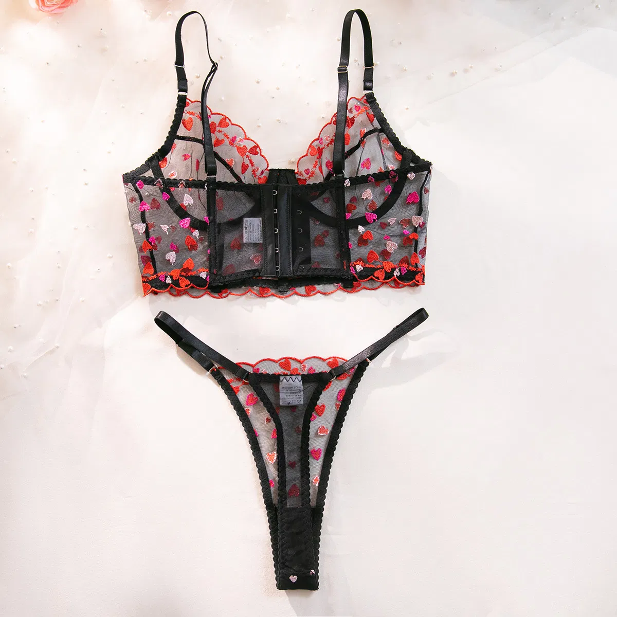 Sexy Fishbone Heart-Shaped Embroidery 2 PCS Underwear Set Wholesale Transparent Mesh Lingerie