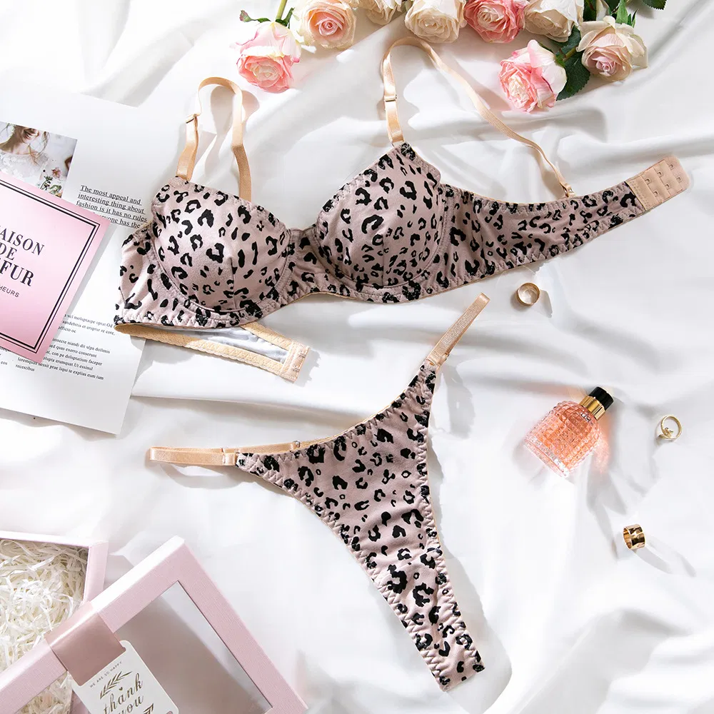 Sexy Leopard Print 2PCS Woman Underwear Set Wholesale Transparent Thin Cup Lingerie
