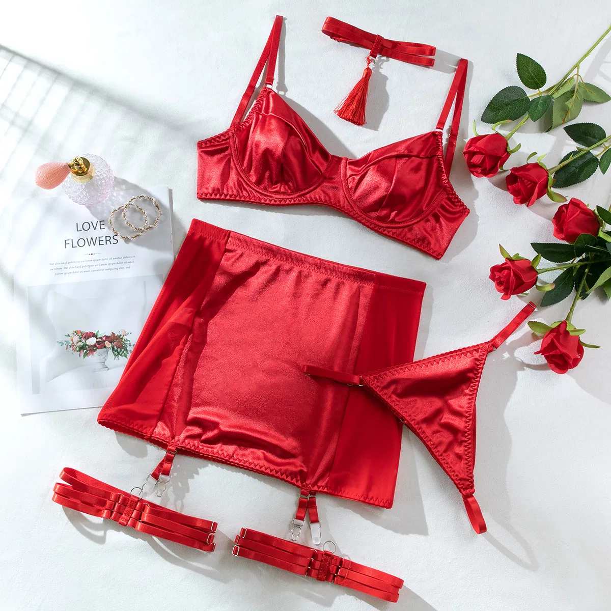 Sexy Satin See-Through Mesh Mini Skirt Bra Set Hot Selling Elegant Solid Color Woman Lingerie