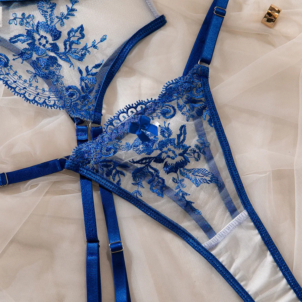Wholesale Flower Embroidery Perspective Mesh Underwear Set Sexy Luxury Woman Lingerie