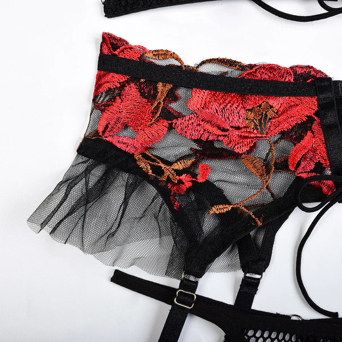 Sexy Flower Embroidery Contrast Color Underwear Set for Woman Wholesale Transparent Mesh Lingerie