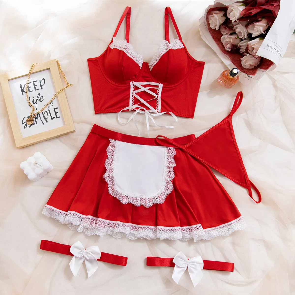 New Design Maid Christmas Role-Playing Bra Panty Set Sexy Contrast Lace Woman Lingerie