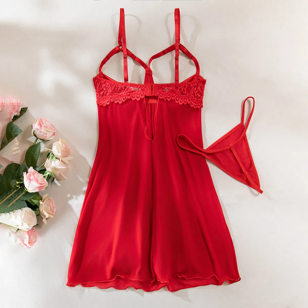 Sexy Hollow out Satin Bow Dress Woman Bra Set Wholesale Erotic Women Lingerie