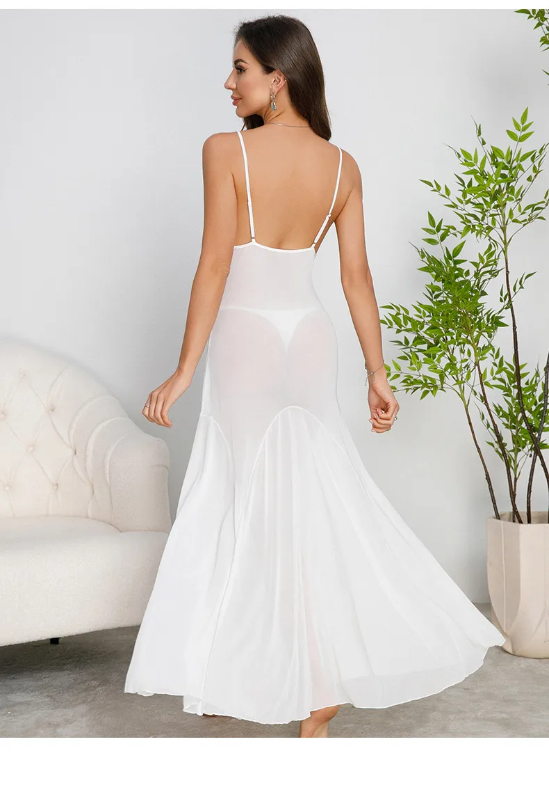 Wholesale Solid Color Transparent Nightgown Sleepwear Dresses Sexy Transparent Mesh Nightwear