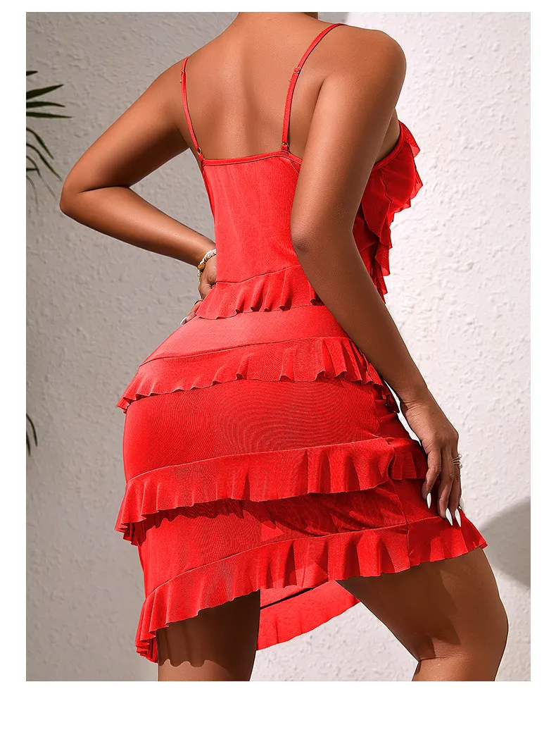Sexy Layered Ruffles See-Through Women's Sleepwear Hot Sale Solid Color Dress Nightwear