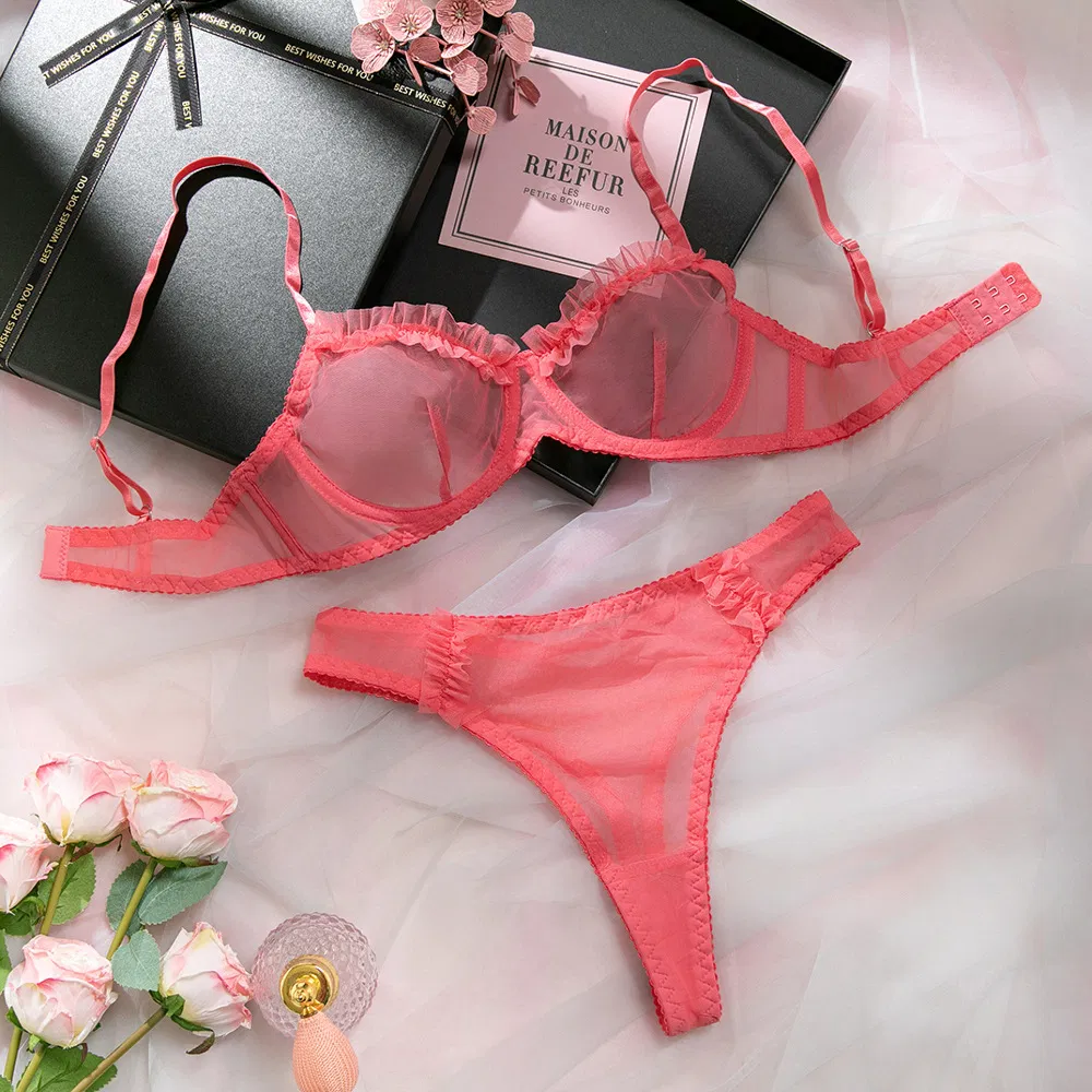 Sexy Perspective Mesh Ruffled Lace Woman Bra Set Hot Sale Solid Color 2 Pieces Lingerie