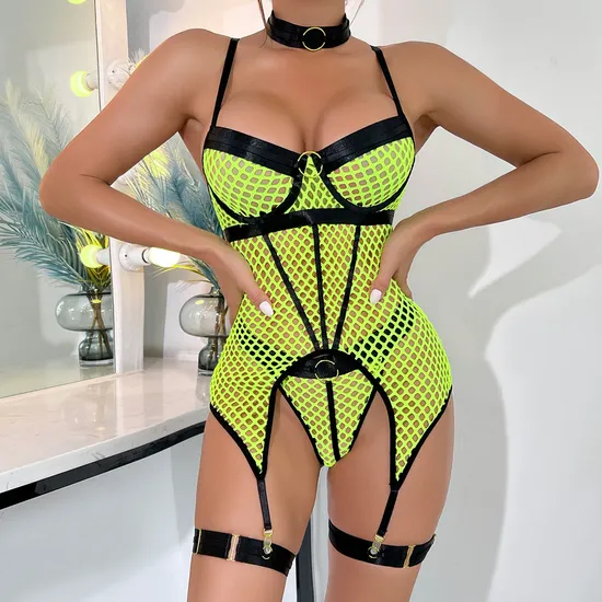 Wholesale Deep-V Woman Underwear Set Sexy Erotic See-Through Fishnet Lingerie