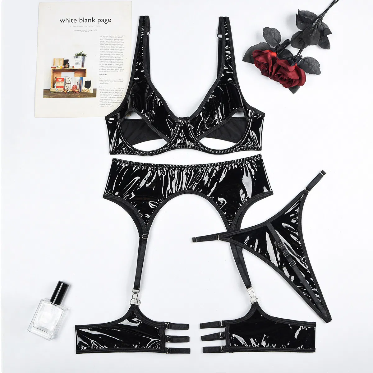 Hot-Selling Erotic Garter Belt Woman Bra Set Sexy Hollow out See-Through PU Lingerie
