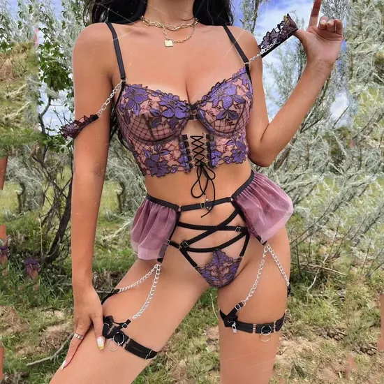 Sexy Floral Embroidery See Through Bra Panty Set Wholesale Luxury Chain Women Lingerie