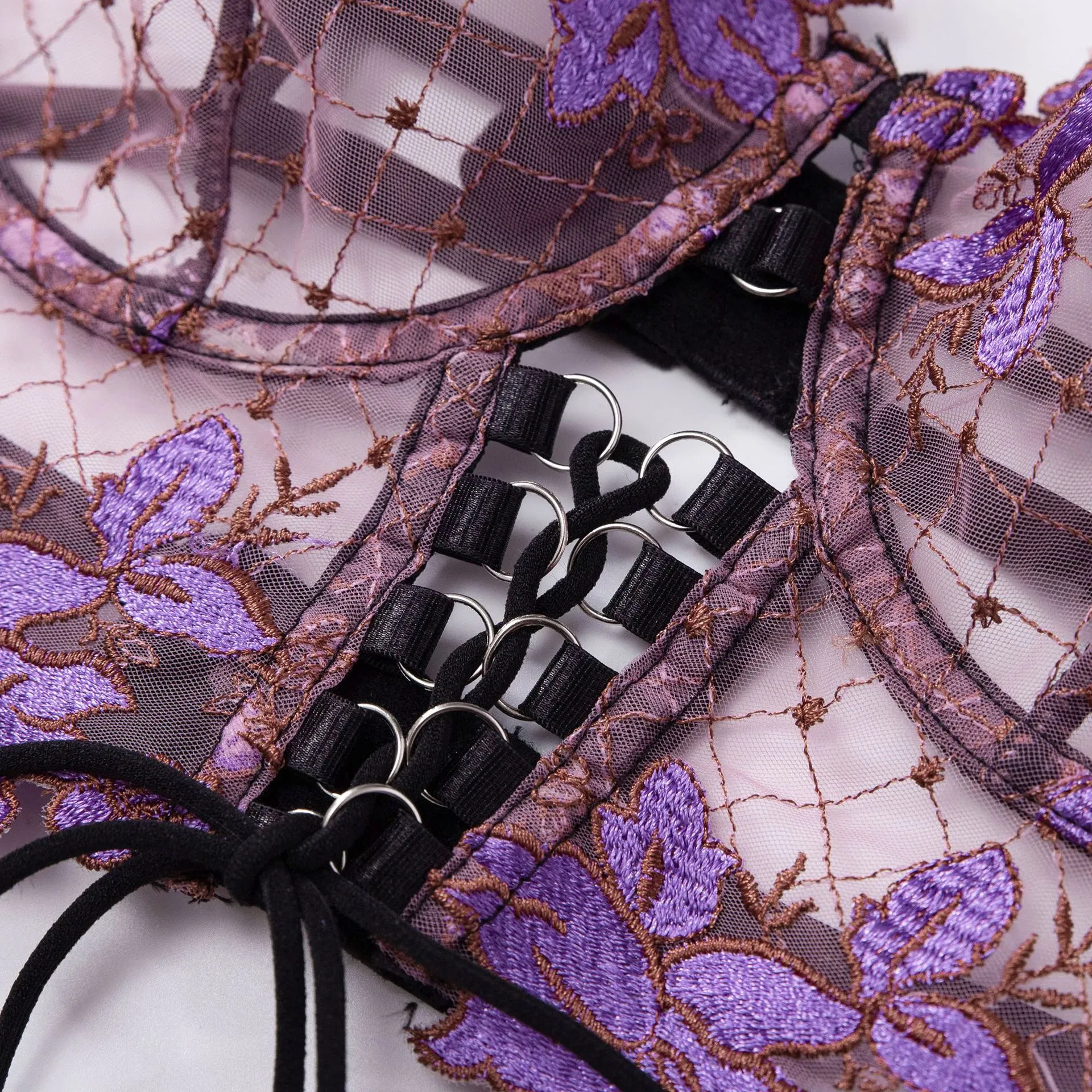 Sexy Floral Embroidery See Through Bra Panty Set Wholesale Luxury Chain Women Lingerie