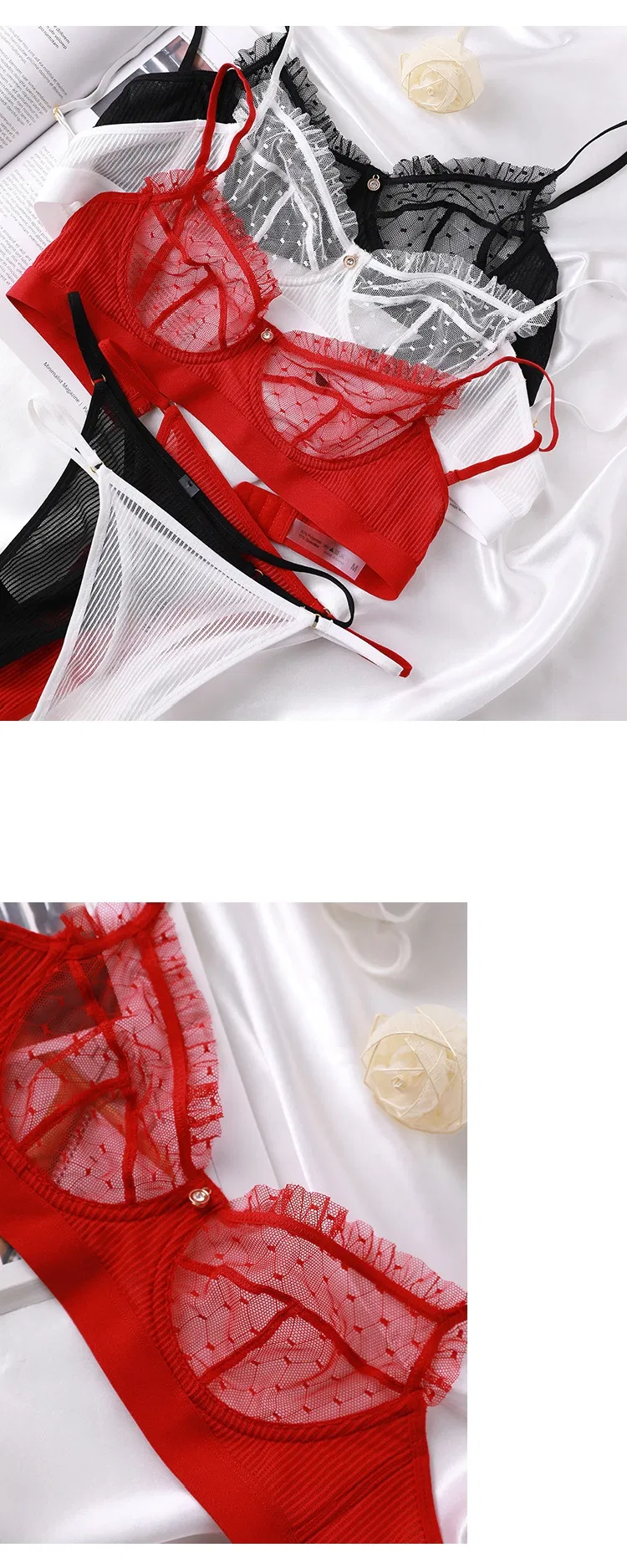 Wholesale French Style Transparent See-Through Soft Sexy Breathable Ultra-Thin for Women Bra Thongs Set Underwear Lingerie