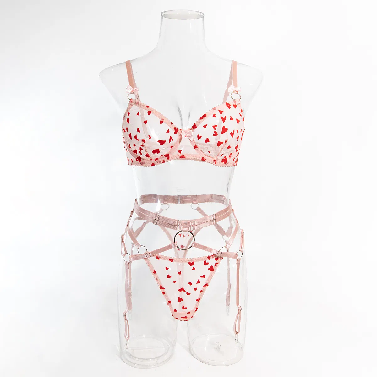 Sexy See-Through Women Bra Set with Embroidery New Red Heart Pattern Lingerie Set