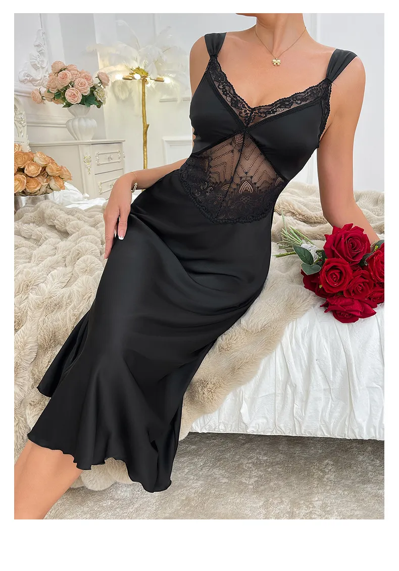 Sexy See Through Mesh Dress Sleepwear Hot Selling Embroidered Lace Suspender Woman Nightwear
