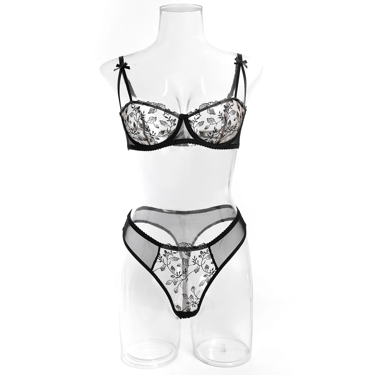 Sexy Floral Embroidery Women Bra Set Wholesale See-Through Mesh 2PCS Lingerie