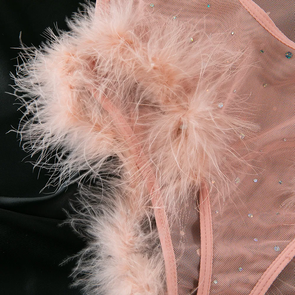 New Arrival Rhinestone Sparkling See-Through Mesh Underwear Set Sexy Feather Patchwork Lingerie