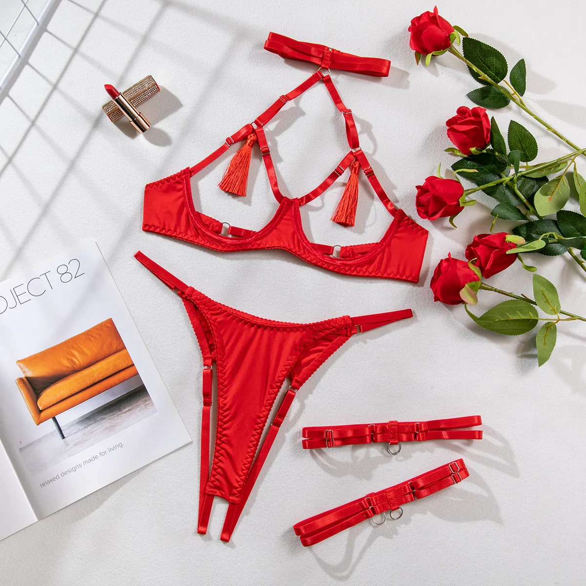 Hot Sale Erotic Hollow out Open Cup Bra Set Sexy Halter Solid Color Woman Lingerie