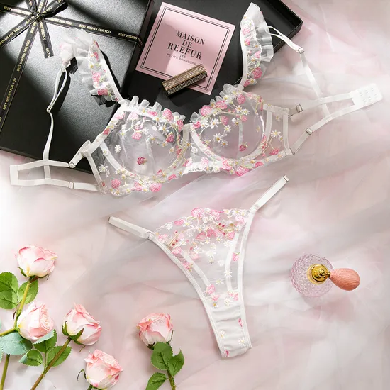 Sexy Ultra-Thin Perspective Mesh Underwear Set Wholesale Embroidered Flower Lingerie