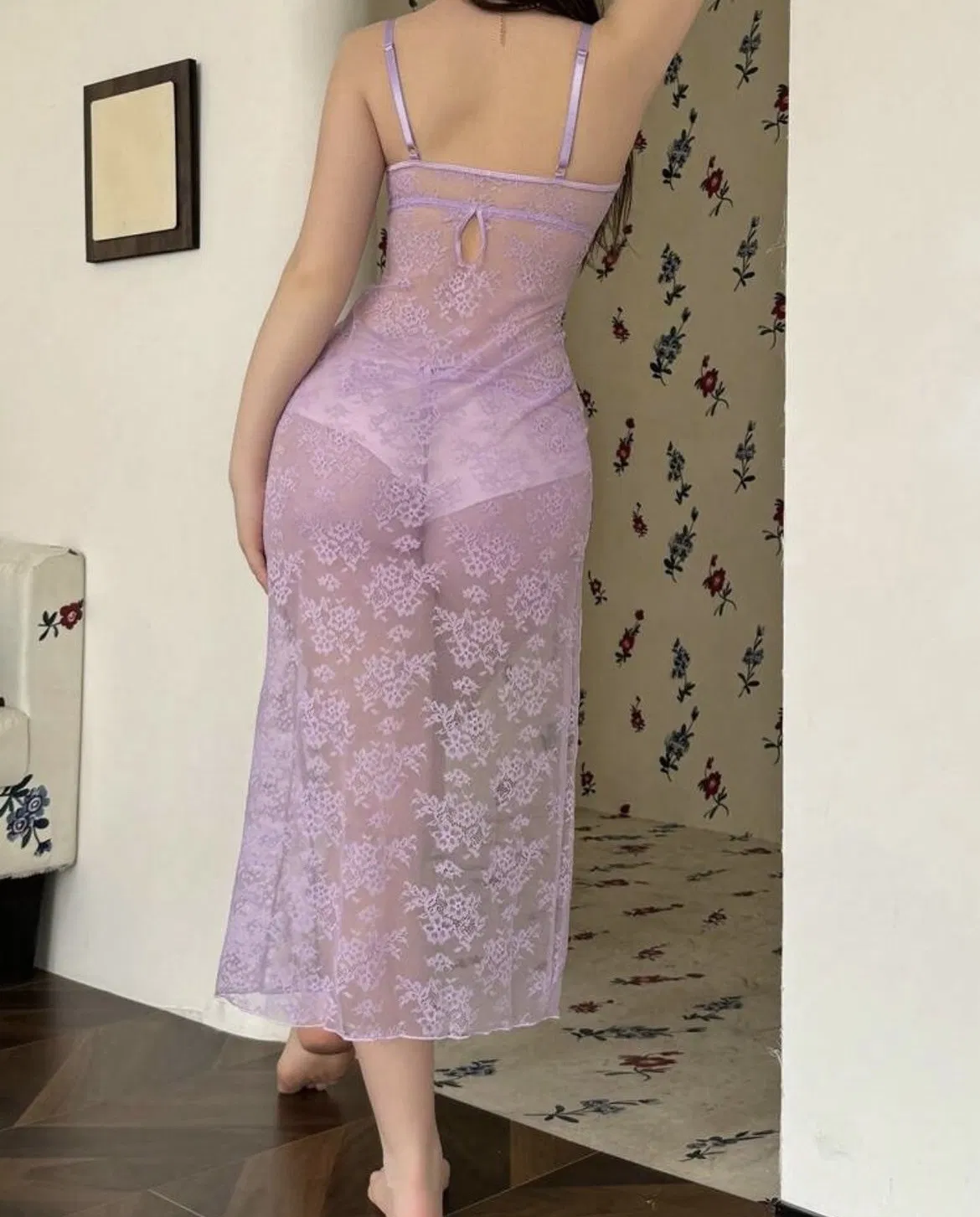 Wholesale Perspective Mesh Embroidery Underwear Set Sexy Long Dress Woman Lingerie