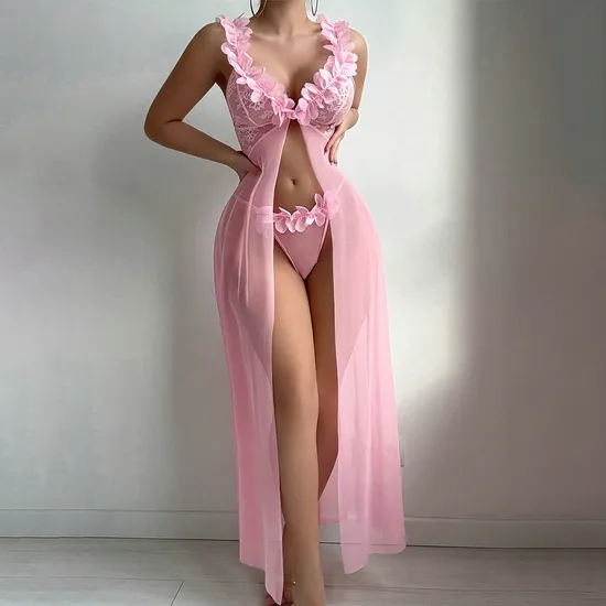 New Fashion V-Neck Ultra-Thin Woman Underwear Set Hot Suspender Long Dress Lingerie