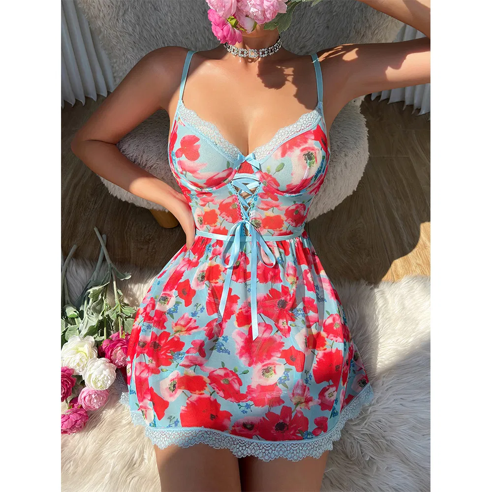 New Design Floral Print Women Bra Set Hot Exotic See-Through Long Dress Lingerie