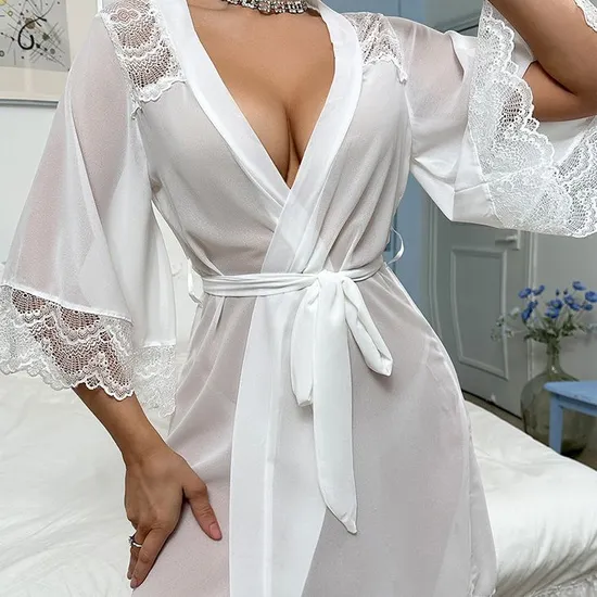 Sexy See-Through Chiffon Mesh Woman's Sleepwear Wholesale Lace Patchwork Robe
