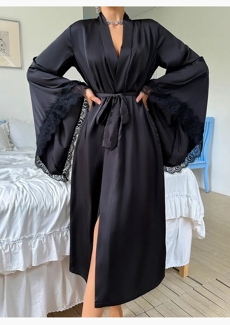 Wholesale Satin Lace Long Sleeved Women's Sleepwear Sexy High Quality Soft and Silky Robe