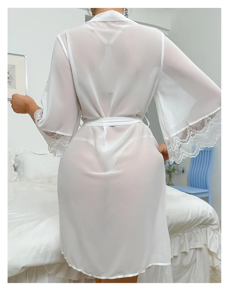 Sexy See-Through Chiffon Mesh Woman's Sleepwear Wholesale Lace Patchwork Robe