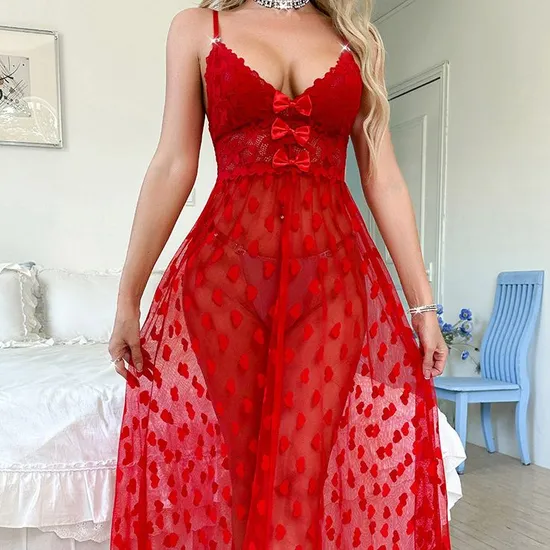 Sexy Transparent Mesh Women Sleepwear Long Dress Hot Sale Embroidery Nightwear