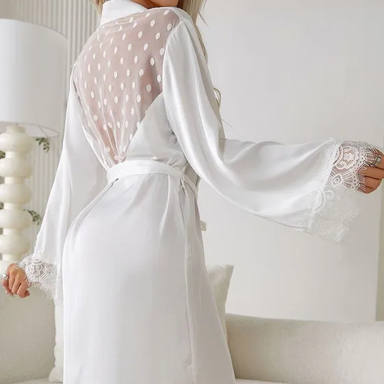 Sexy See-Through Polka DOT Mesh with Lace Sleepwear Nightwear Wholesale Women Satin Robe