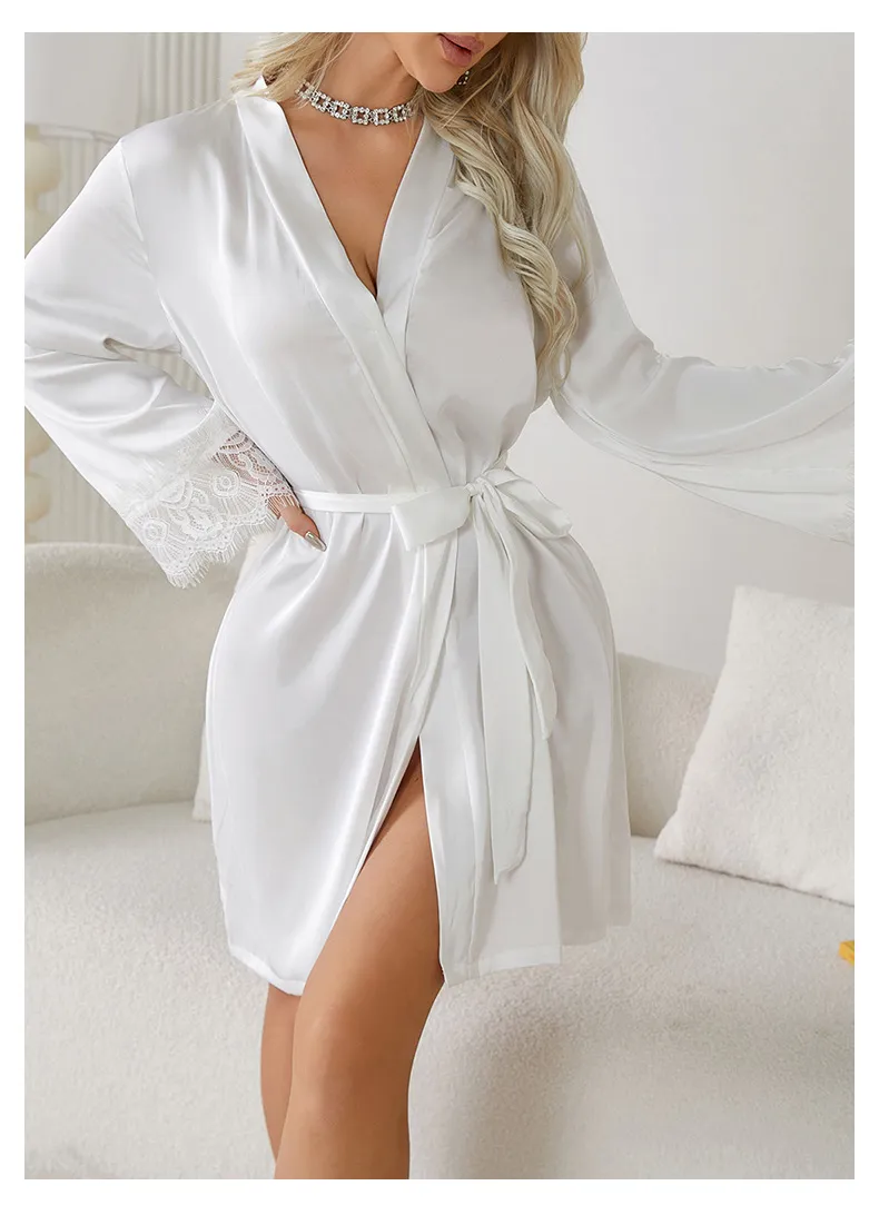 Sexy See-Through Polka DOT Mesh with Lace Sleepwear Nightwear Wholesale Women Satin Robe