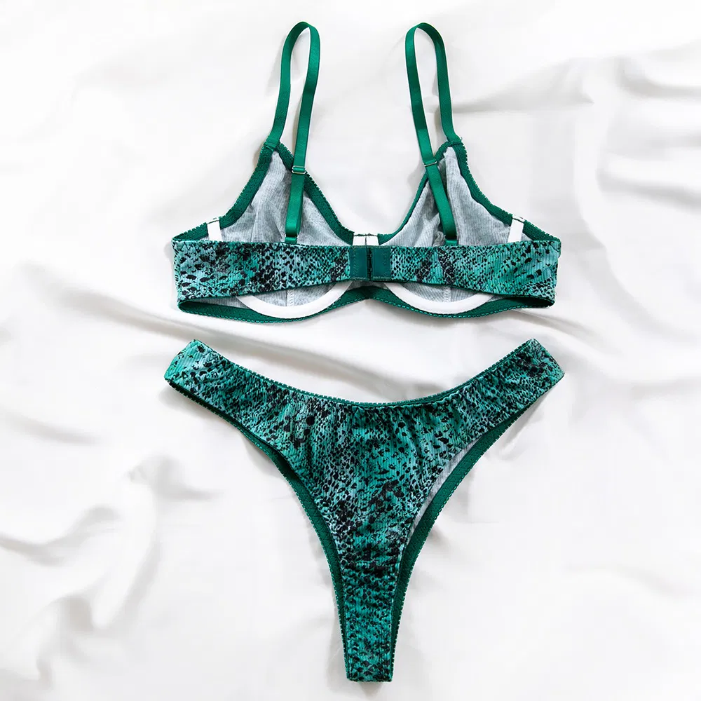 Hot Erotic Snakeskin Pattern 2 PCS Underwear Set Sexy Transparent Mesh Woman Lingerie