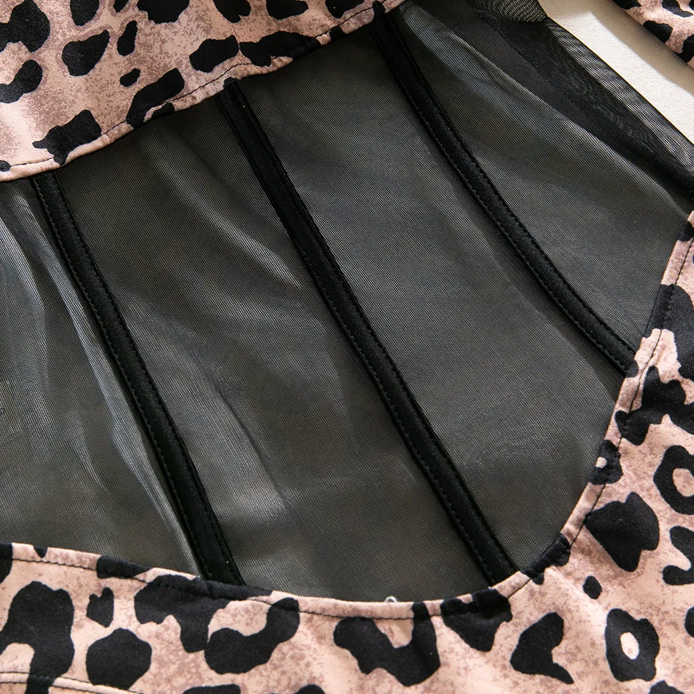 Wholesale Long Sleeve Leopard Print One Piece Underwear Sexy Perspective Slim Fitting Lingerie