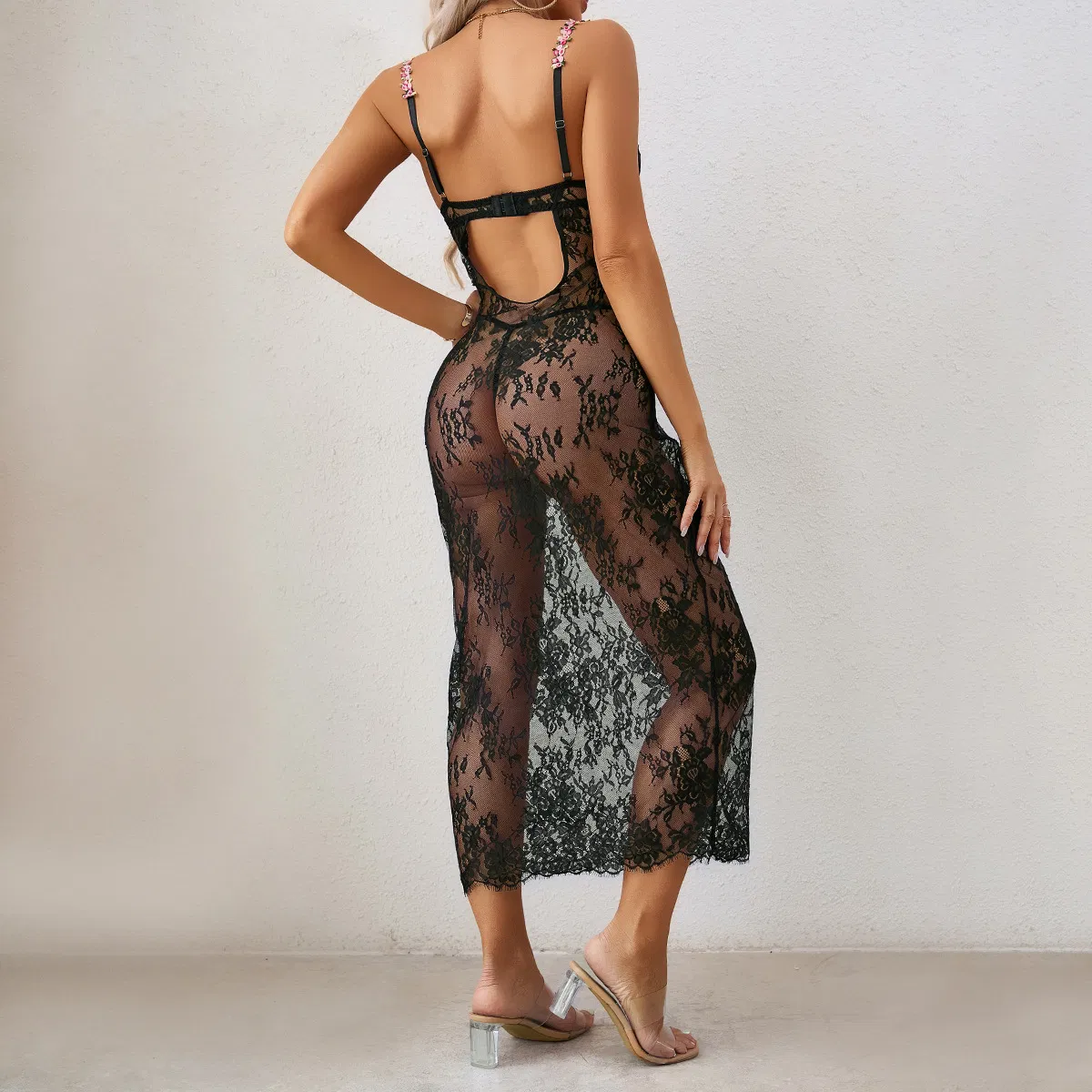 Sexy See-Through Ultral-Thin Long Dress Bra Set New Fashion Flower Embroidered Woman Lingerie