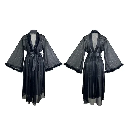 Wholesale Long Sleeve Open Front Sleepwear Sexy See Through Shiny Silver Line Women's Robe