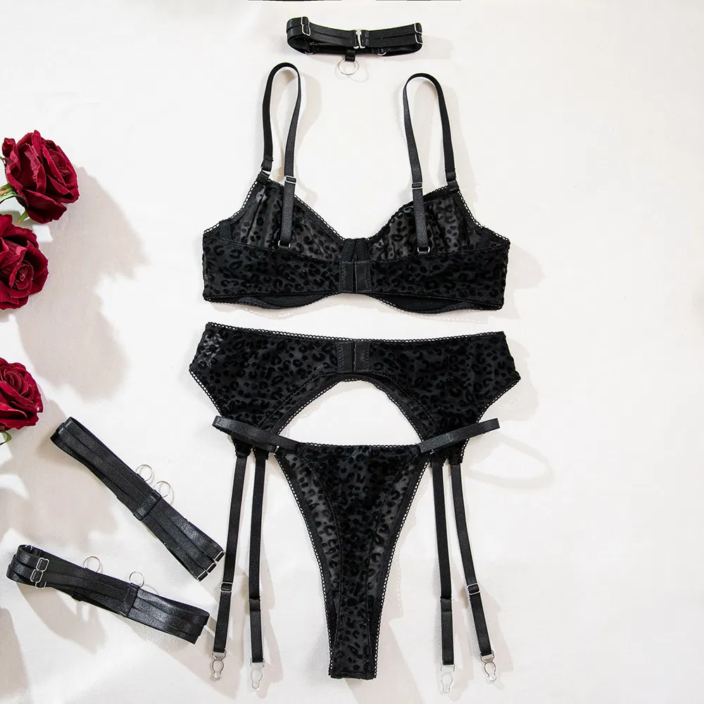Wholesale Leopard Printed Underwear Set Sexy Push up See-Through Mesh Lingerie