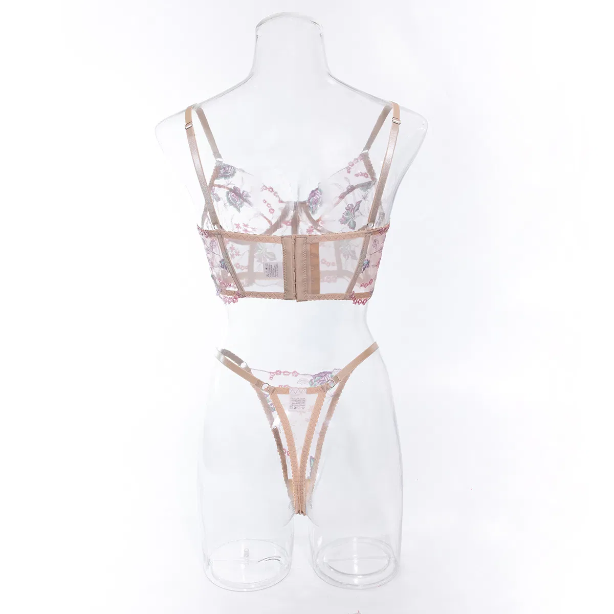 Sexy Mesh Transparent Flower Embroidery Fishbone Bra Set Factory Sell Woman Lingerie