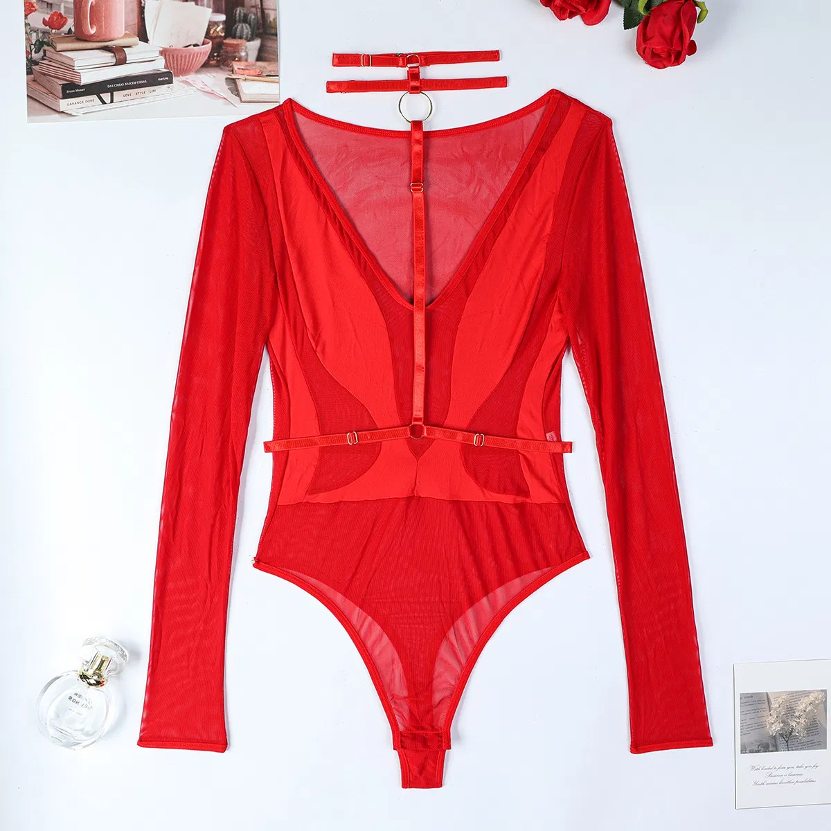 Wholesale Long Sleeved Transparent Mesh Woman Bra Set Sexy Thin Hanging V Neck Lingerie