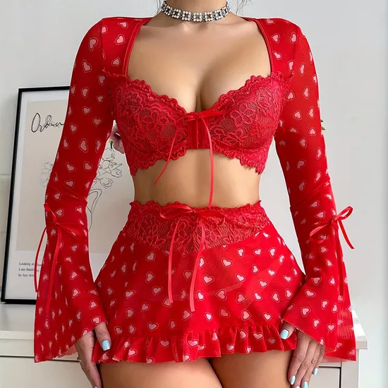 Wholesale Heart Printed Long Sleeves Bra Set Sexy Christmas Woman Mini Skirt Lingerie