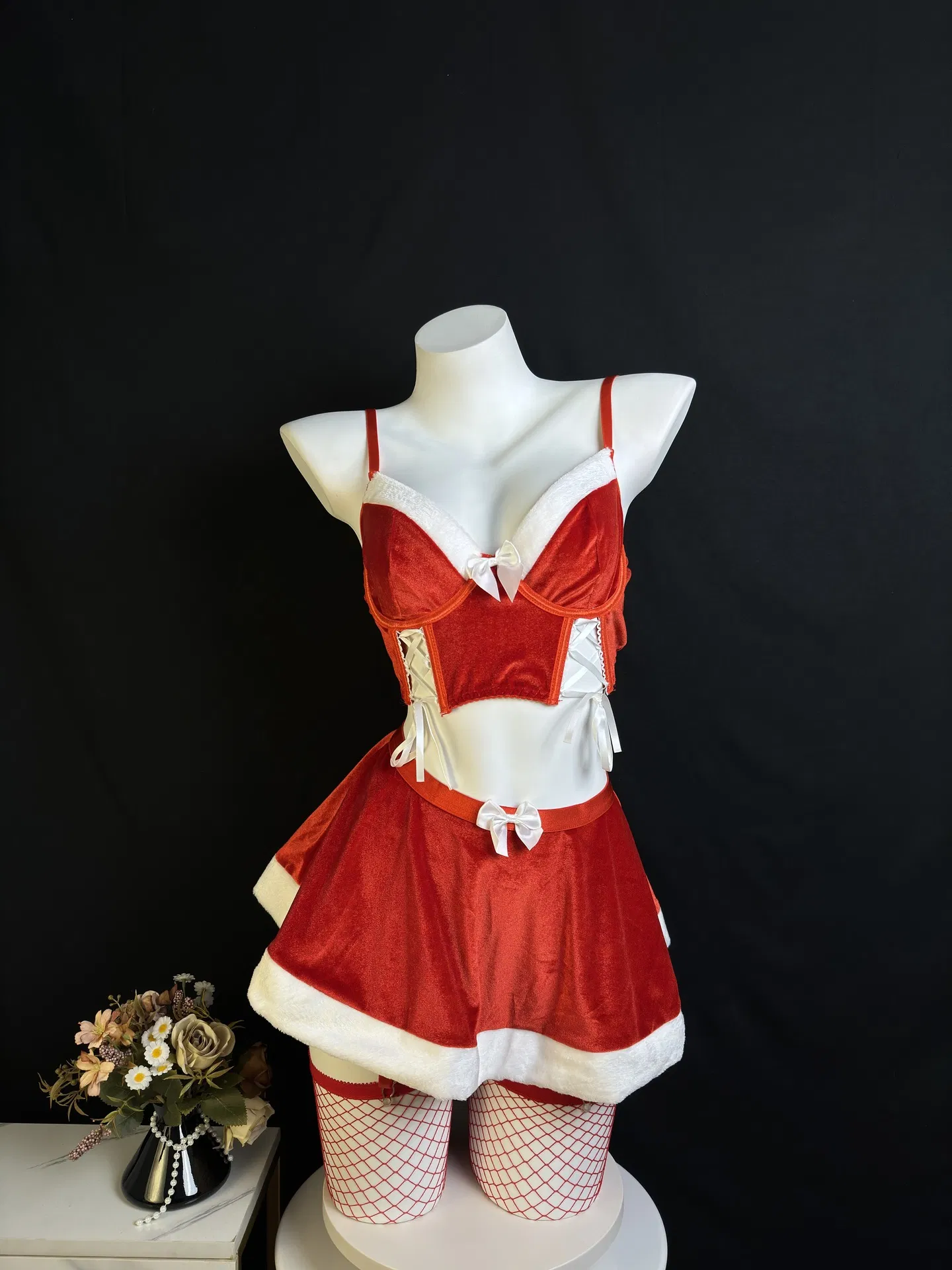 Sexy Fashion Bondage Christmas Bra Panty Set New Fashion Short Skirt Lingerie