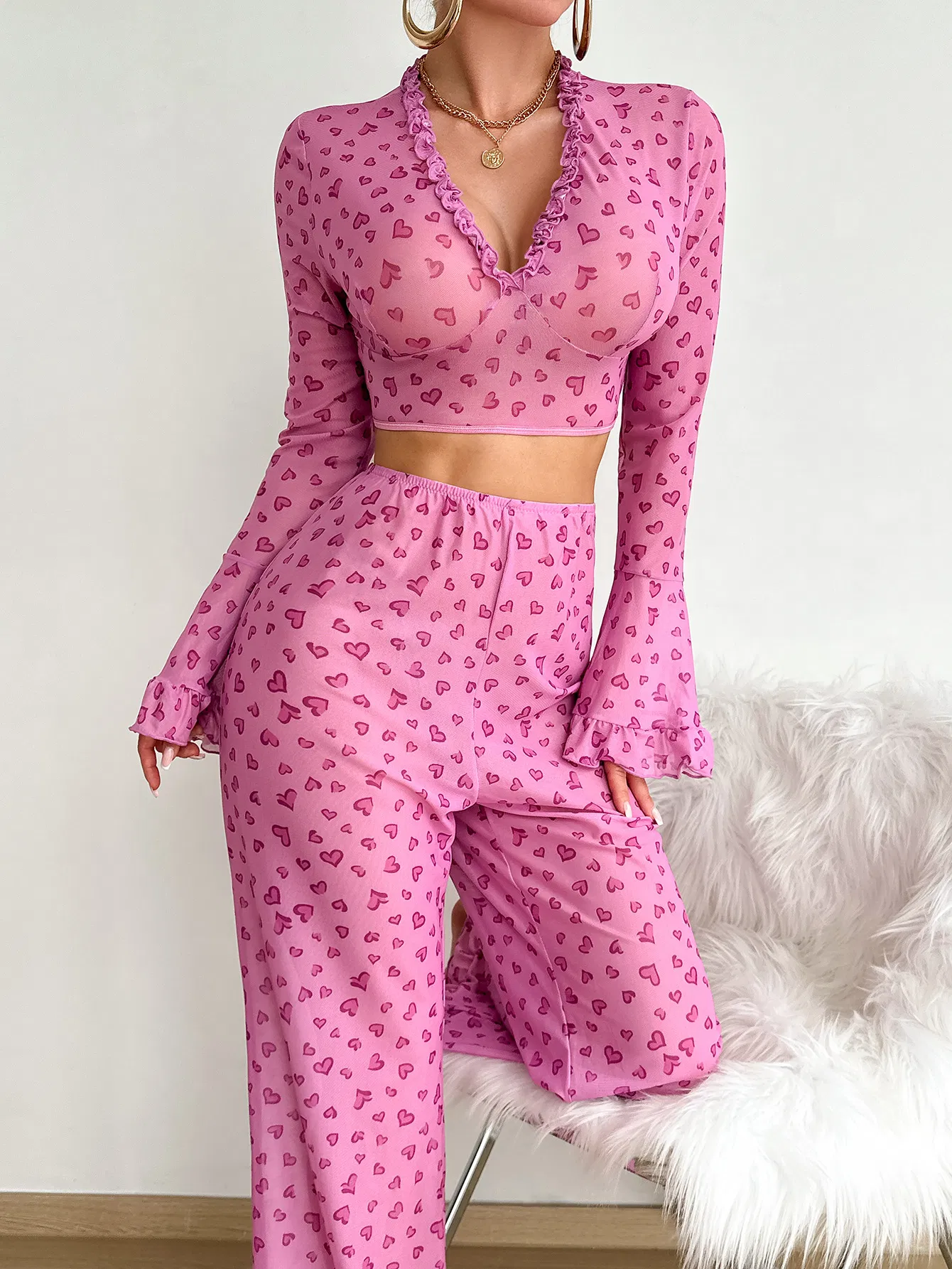 Hot Sell Erotic Long Sleeve Transparent Mesh Underwear Set Sexy Heart Print Women's Lingerie
