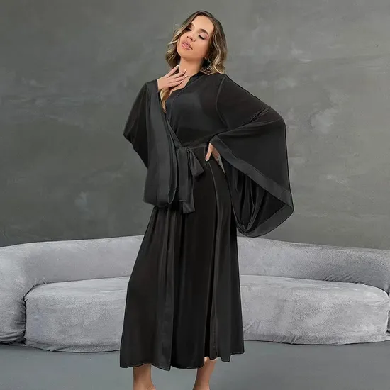 Wholesale See-Through Mesh Sleepwear Sexy V Neck Belt Ultral-Thin Woman Robe