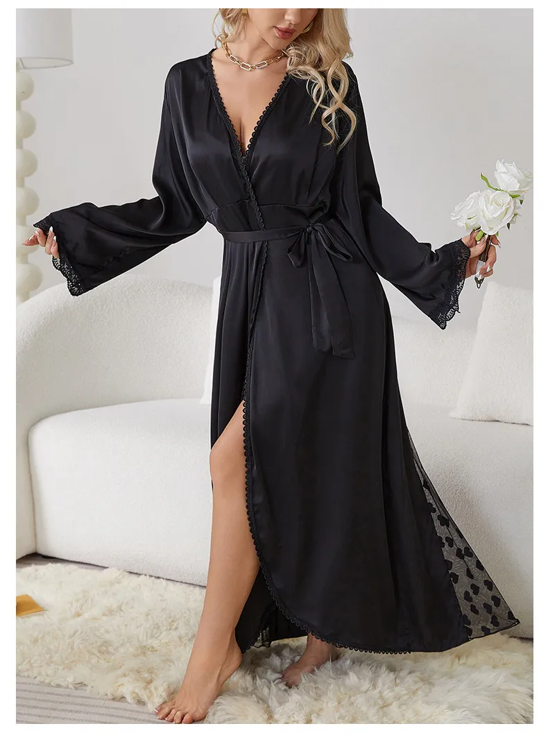 Wholesale Lace Satin Sleepwear Sexy Mesh Embroidery Patchwork Transparent Women's Robe