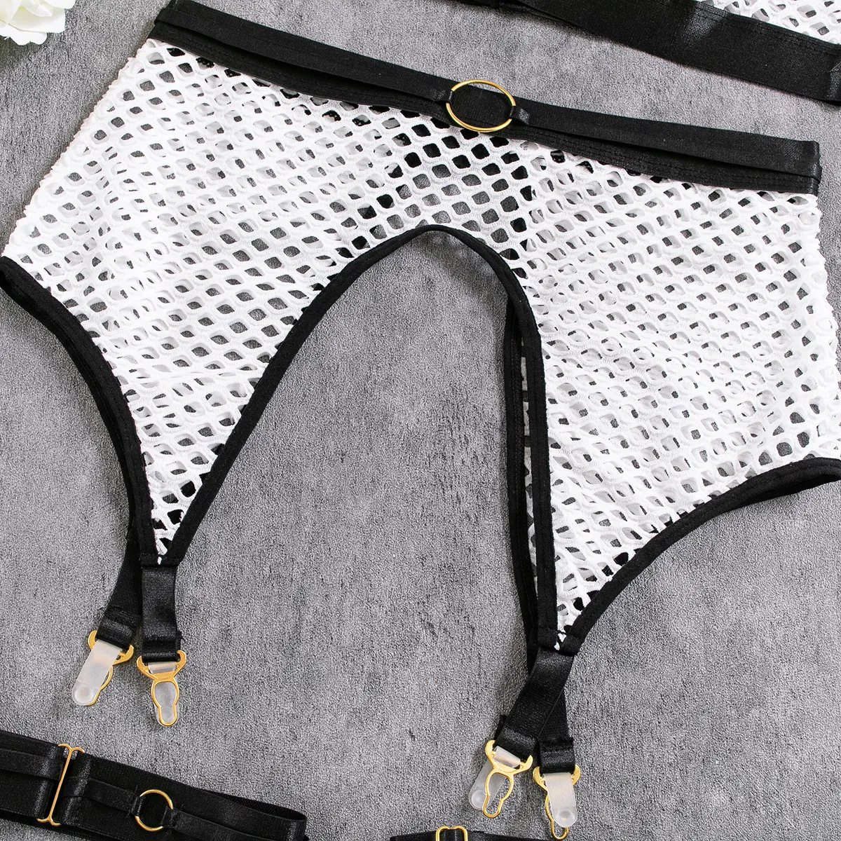 Sexy Perspective Fishnet Mesh Woman Underwear Set Wholesale Ring Neck Hollow out Lingerie