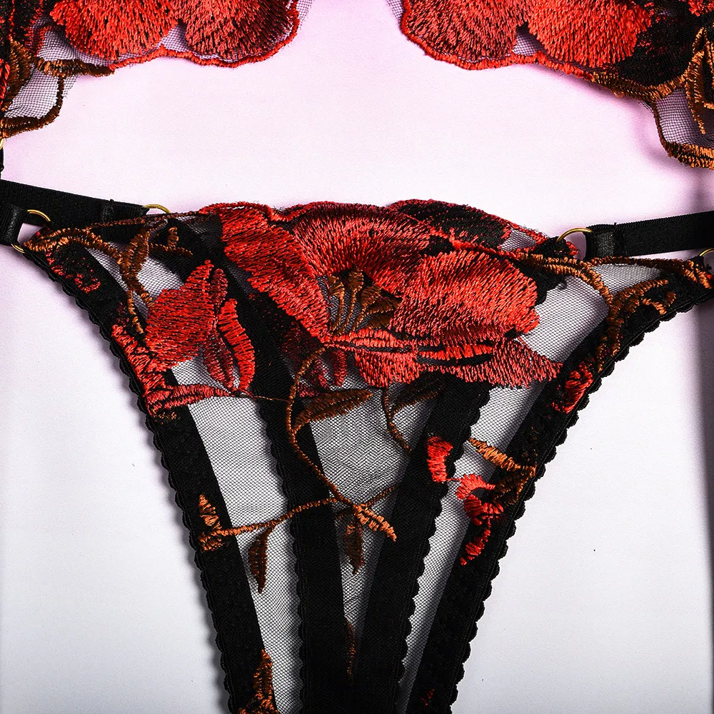 Wholesale Erotic Flowers Embroidery Lace Woman Bra Set Sexy High Quality Transparent Lingerie
