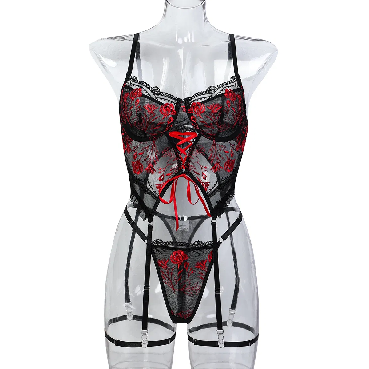 Wholesale Transparent Mesh Cross Strap Bra Set Sexy Flower Embroidery Thin Woman Lingerie