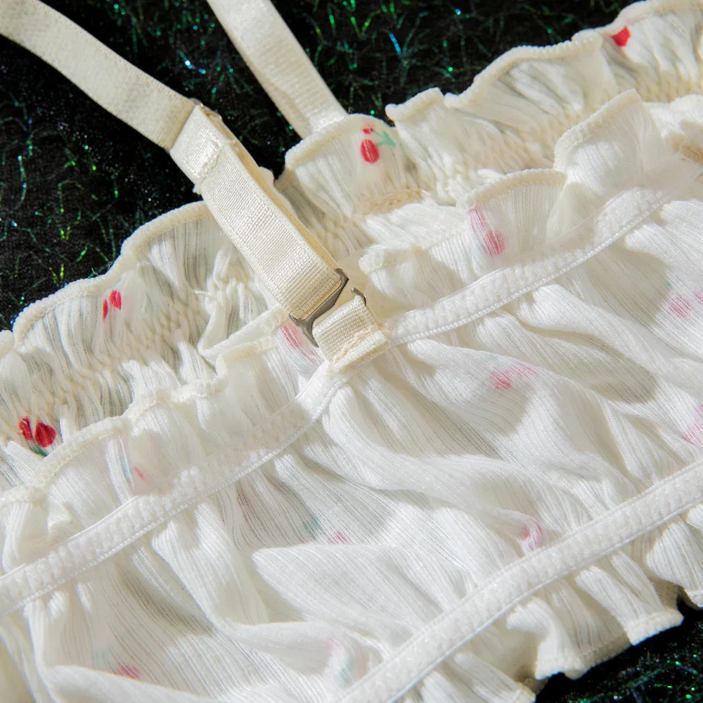 Sexy Ultra-Thin Underwear Set with Ruffles Shirring New Fashion Floral Print Woman Lingerie